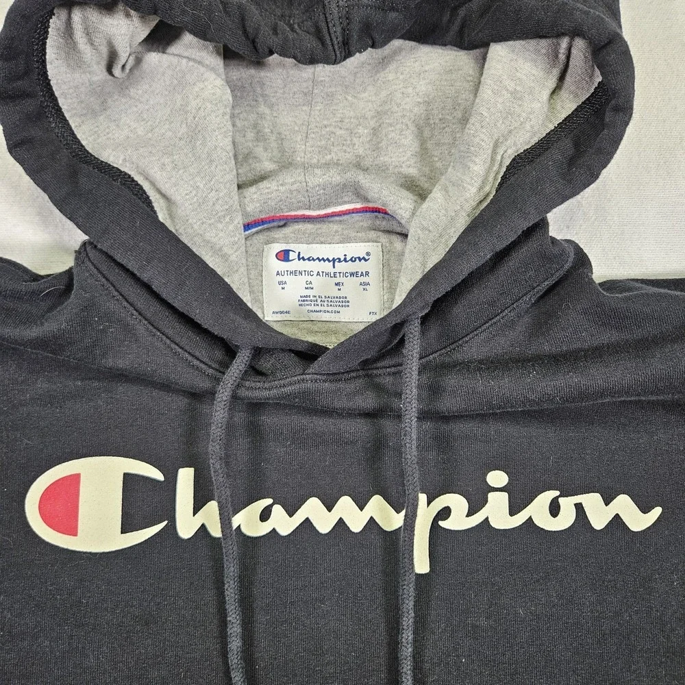 Champion Hoodie Powerblend Mens Medium M Script‎ Logo Black GF89H Fleece